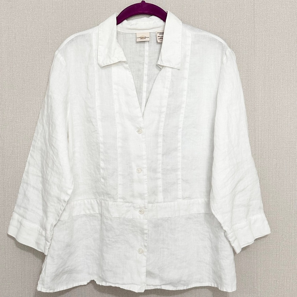 Covington Petite White 100% Linen Button Front Blouse 3/4 Sleeve Pintuck XLP